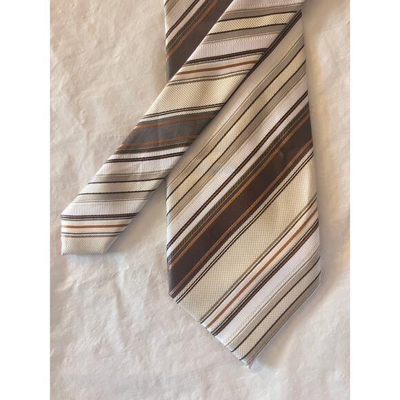 Valerio Garati Necktie  - 100% Polyester Brown Cream Gray Off White Striped Tie - Picture 4 of 13